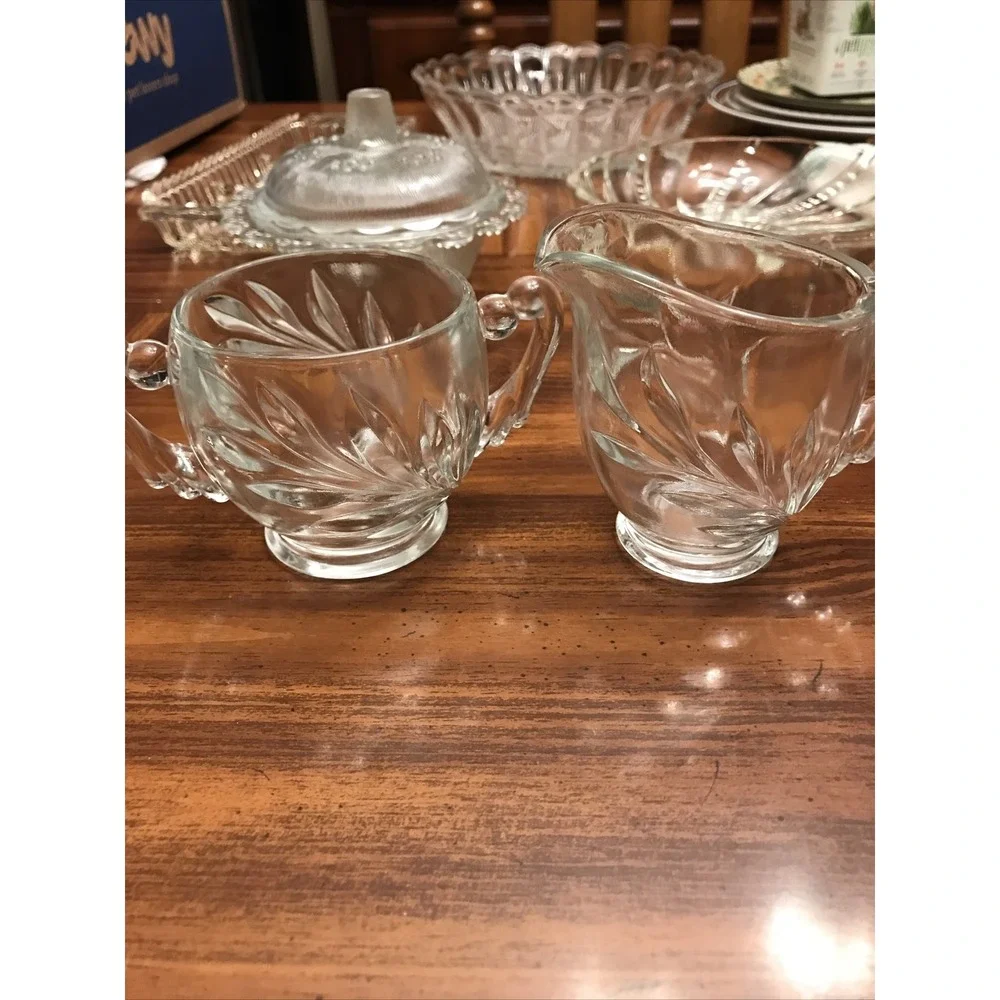 Clear Glass deep cut leaf sugar creamer‎ vintage drape handles